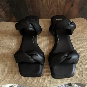 NIBIKK Black Leather Square Twist Slip On Women’s Sandal Extra Density Foam 39